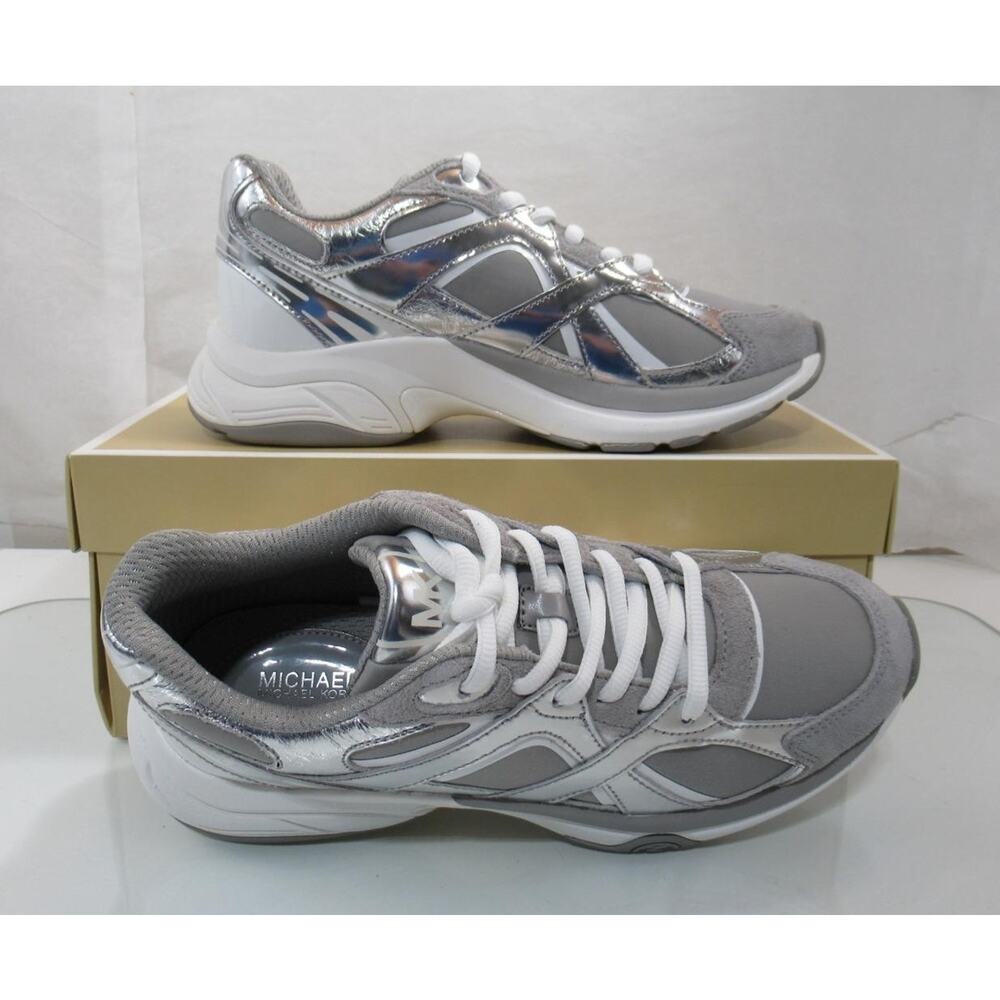 Michael Kors Leo Trainer Lace Up Sneakers MK Signature Silver - Picture 9 of 11